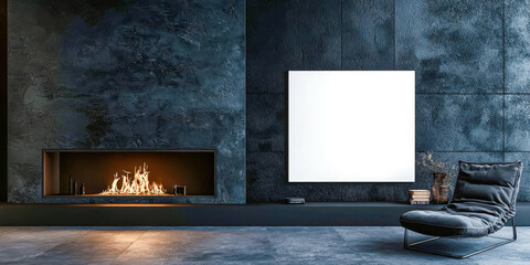 A black and white room with a fireplace and a white wall