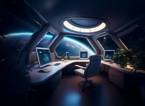 A futuristic office with large windows looking out into space with Earth visible in the distance.