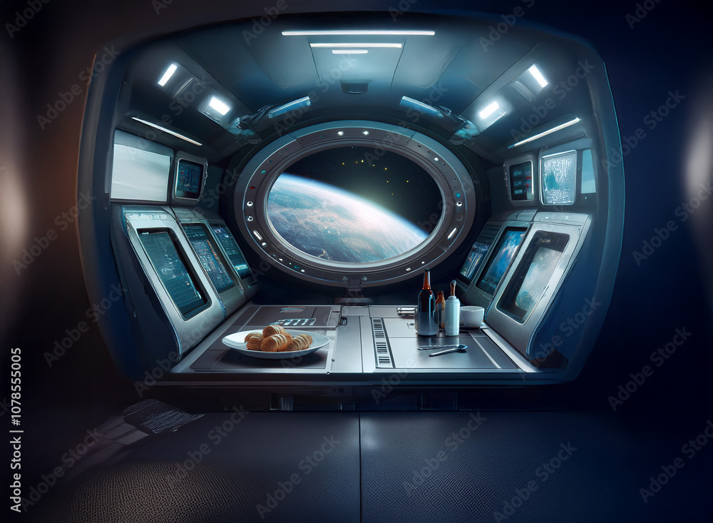 Poster a futuristic spaceship interior with a large window overlooking a distant planet, a table with food 