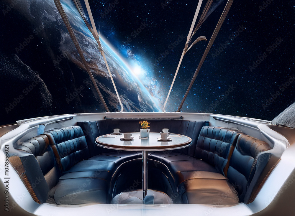 Aufkleber A futuristic dining space aboard a spaceship with a view of Earth from the window.