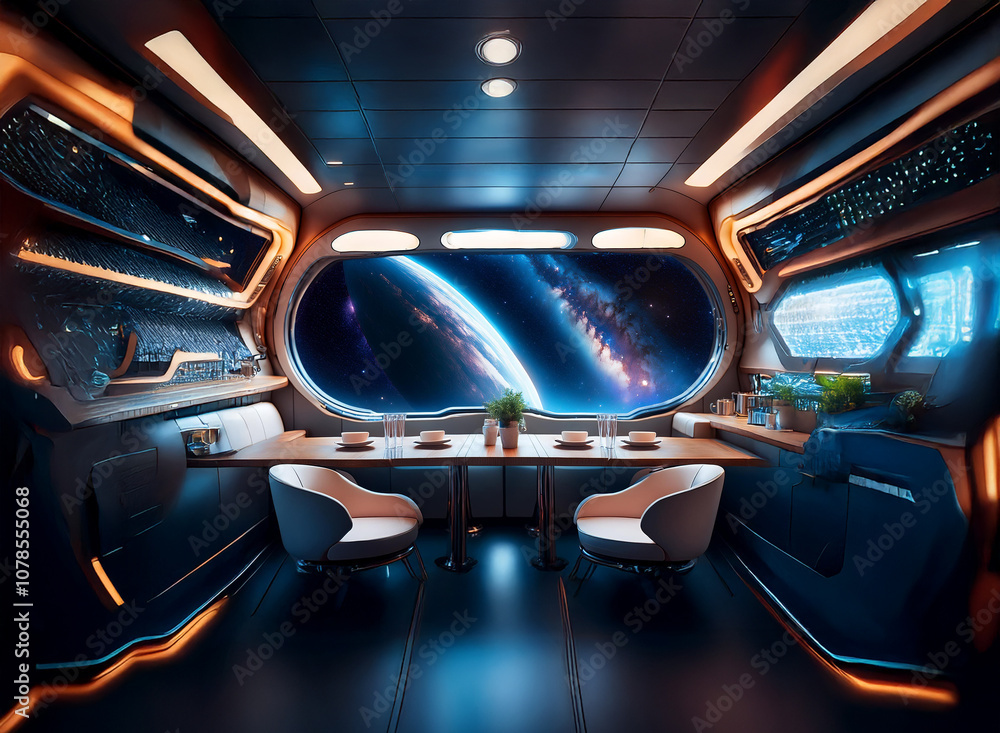 Poster a futuristic dining room with a large window overlooking a distant planet and a starry sky.