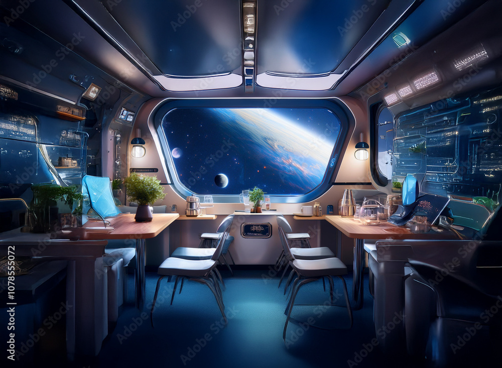 Poster a futuristic spaceship interior with large windows revealing a view of earth and space.
