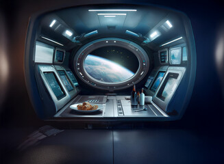 A futuristic spaceship interior with a large window overlooking a distant planet, a table with food and drinks, and a control panel filled with screens.