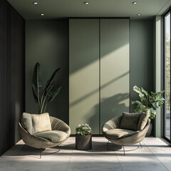 Dark Green Interior with Leather Armchairs