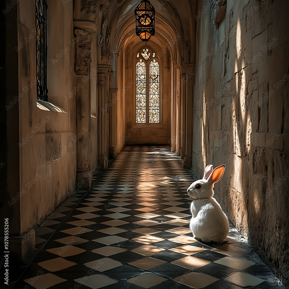 Poster white rabbit sits quietly in long, sunlit hallway with intricate tile patterns and beautiful stained