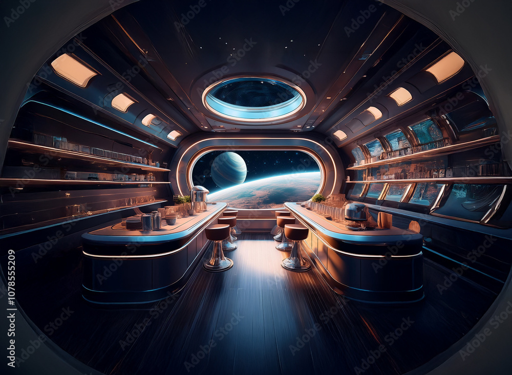 Aufkleber A futuristic bar with a view of a distant planet through a large window.