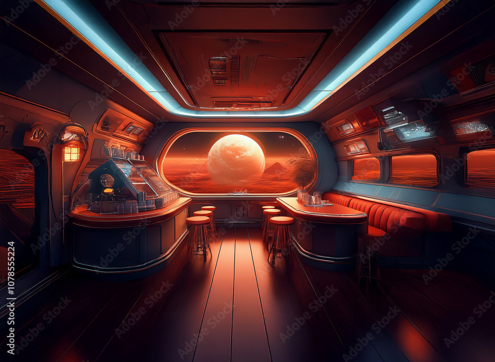 Poster A futuristic bar with a large window overlooking a red planet and a large pyramid.