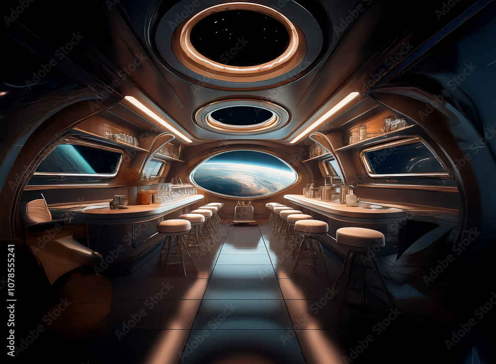 Poster a futuristic bar with a view of a planet through large windows. the interior features sleek metal ac