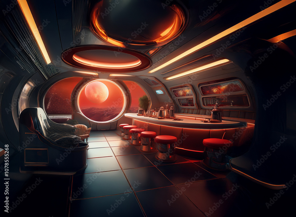 Aufkleber a futuristic bar with a large window showcasing a red planet and its landscape.