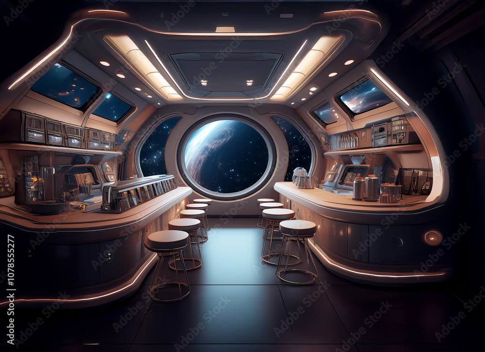 Fototapete A futuristic bar with a large window overlooking a planet and the vast expanse of space.