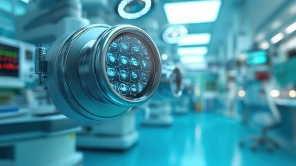 Surgical room with advanced lighting and medical equipment.