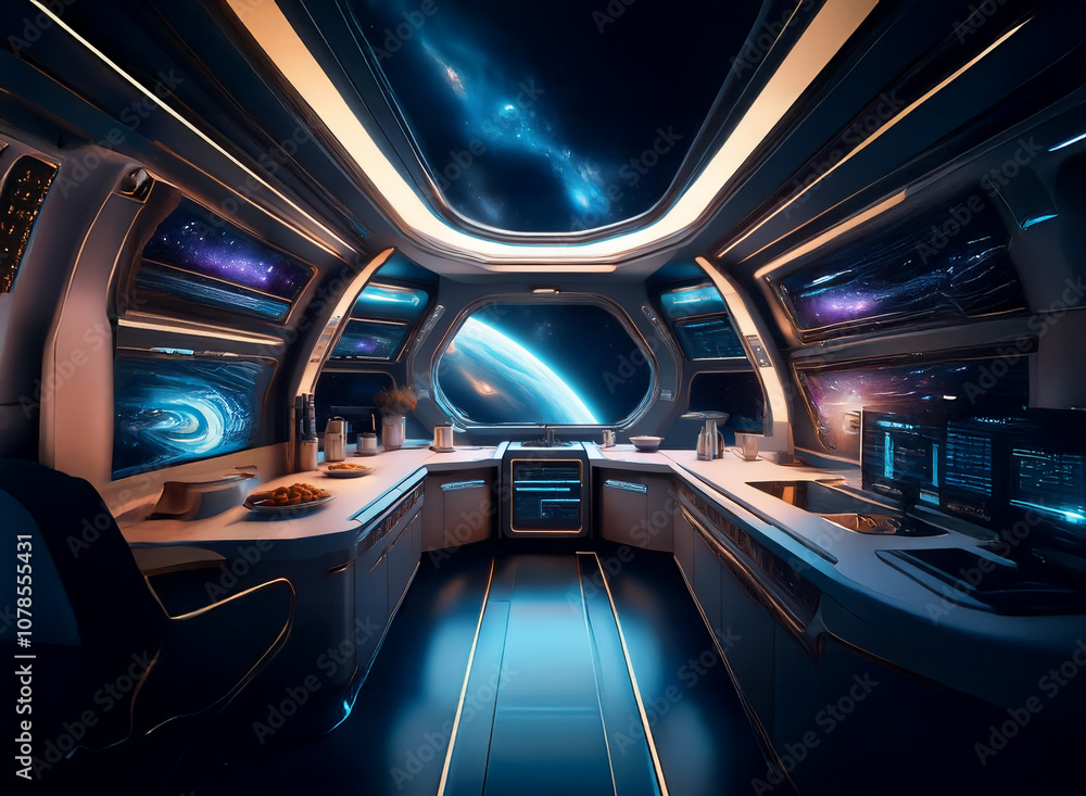 Poster The interior of a futuristic spaceship with a large viewport revealing a distant planet and a starry sky.