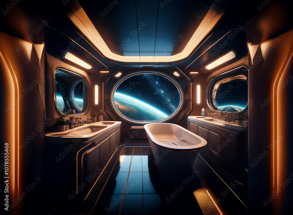 Poster a futuristic bathroom with a large window overlooking a view of earth and space.
