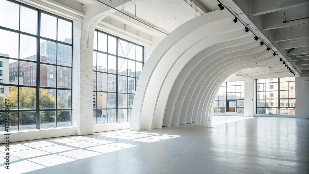 Poster minimalist white curved architectural structure in a bright studio space with ample copy space for m