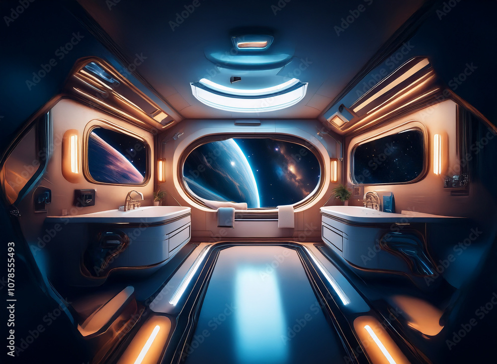 Aufkleber a futuristic bathroom with a large window overlooking a vast expanse of space.