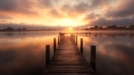 Obraz premium Sunrise Over a Misty Lake