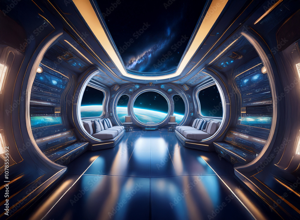 Aufkleber a futuristic spaceship interior with large windows overlooking a planet and starry sky.