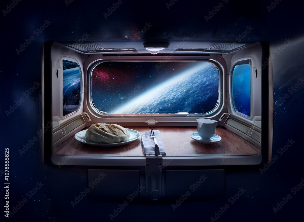 Aufkleber A table with a pastry and a cup of coffee is set against a window looking out into space showing the earth and stars.