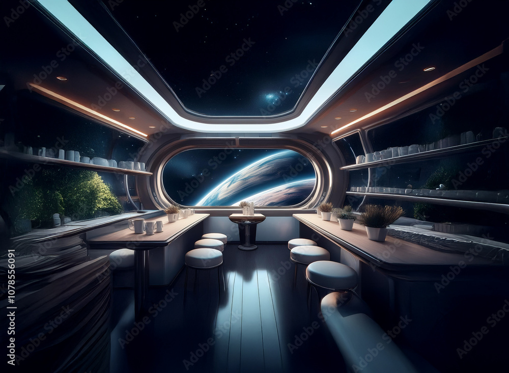 Poster A futuristic bar with a large window looking out at a view of Earth and the stars.