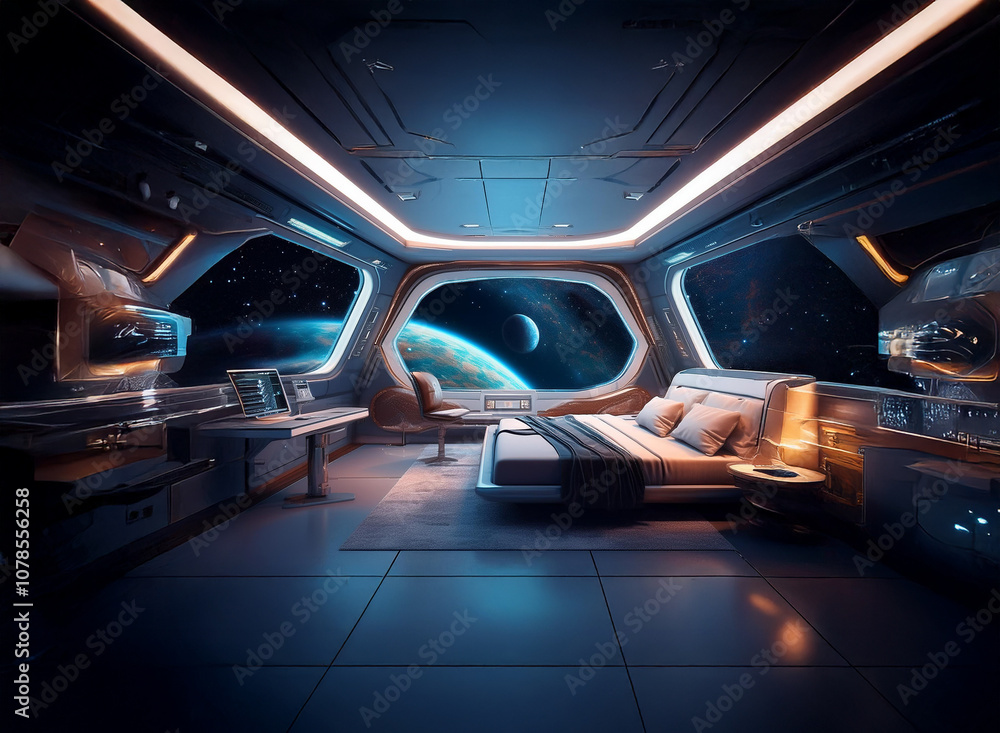 Poster futuristic bedroom with a view of a distant planet and a moon through large windows.