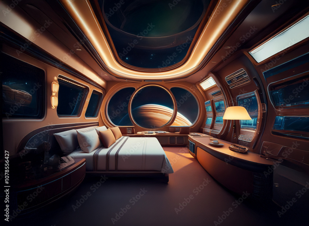 Poster a futuristic bedroom with a large window overlooking a planet in space.