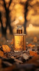 Vintage bottle radiates warmth in autumn forest glow.