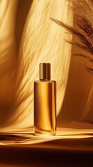 Naklejka premium Stylish golden bottle with flowing abstract backdrop.