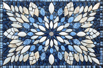 Mosaic snowflake design in vibrant white and blue glass pieces with symmetrical patterns emphasizing wintry elegance and festive sophistication