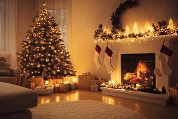 cozy living room adorned with classic traditional Christmas decor, including a beautifully lit xmas tree, stockings by the fireplace, warm dimmed light at night or evening