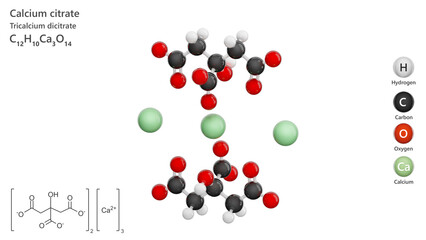 Molecule: Calcium Citrate. E333 food additive. Molecular structure. Formula: C12H10Ca3O14. Chemical model: Ball and stick. White background. 3D illustration.