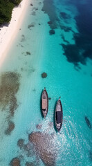 Two boats are anchored near a white sand beach and turquoise water. The boats are visible from an aerial perspective, making for a picturesque tropical scene