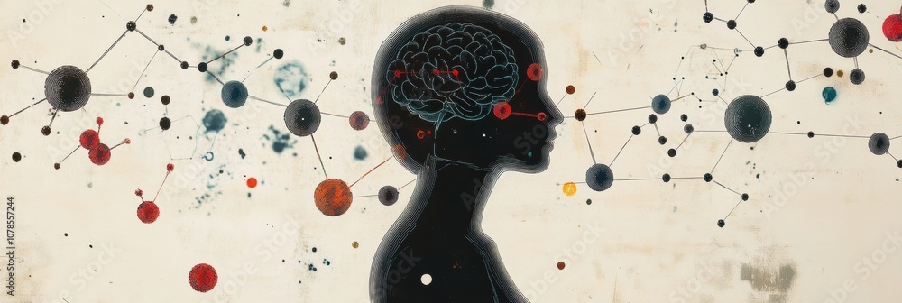 Poster a silhouette of a human figure surrounded by colorful molecular diagrams, symbolizing the connection