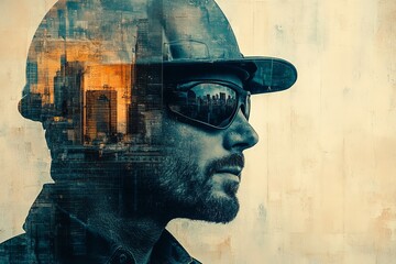 abstract collage of man in helmet and city