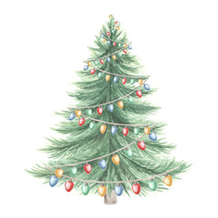 Christmas tree with lights garland, green pine. Hand drawn watercolor illustration isolated. New Year winter holiday clipart. Lush spruce vintage. Festive background. Template for card, print, sticker