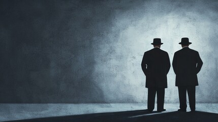 Obraz premium Silhouettes of two men in hats against a dark wall, conveying mystery and intrigue in a minimalist style.