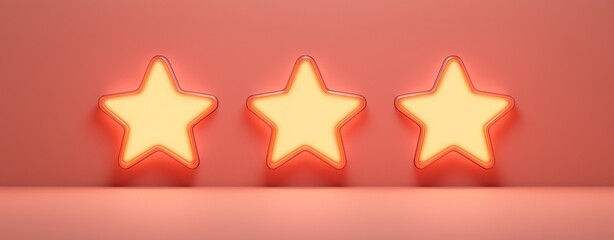 Obraz premium Three glowing orange star decorations on a soft pink background, creating a warm and inviting atmosphere for design projects.