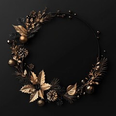 Black background featuring gold embellishments forming an elegant wreath. Includes pine cones, leaves, and metallic gold balls, creating a festive atmosphere for celebrations or special events.