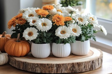 Colorful flower arrangement on a wooden table with pumpkins in a cozy indoor setting