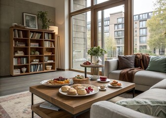 Modern Living Room with Large Windows Showcasing a Cozy Food Arrangement, Natural Lighting, and a Stylish Bookshelf for Inviting Interiors and Culinary Inspiration
