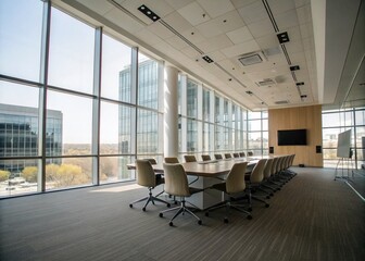 Modern Minimalist Conference Room Featuring a Long Table with Sleek Chairs, Large Windows, and Natural Light Enhancing the Professional Atmosphere of Collaboration and Innovation