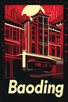 Baoding, China, modern vintage travel poster, wallpaper, background, banner, backdrop, retro card print. Graphic designed, professional, simple. Dark, red, blue, white, black
