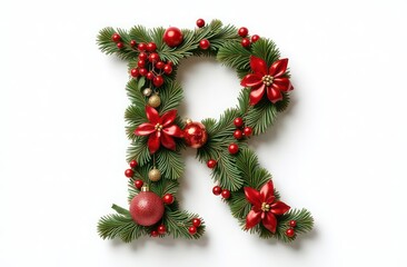 Intertwined christmas decorations letter “R”, realist precision, high saturation, beautiful, inspiring, isolated, flat white background