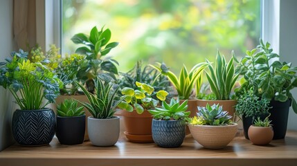 Fototapeta premium A cozy indoor garden filled with lush greenery in a sunlit living room during the afternoon