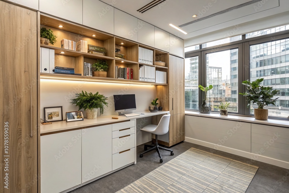Poster modern office space featuring built-in cabinets for efficient organization and aesthetic appeal, emp