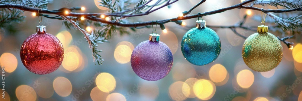 Poster A collection of glittering ornaments dangles from a frosty branch, reflecting delicate lights in a joyful holiday atmosphere. Generative AI