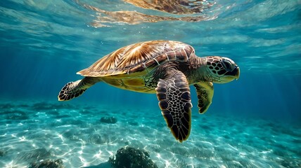Obraz premium Sea Turtle Swimming Underwater in Clear Blue Water