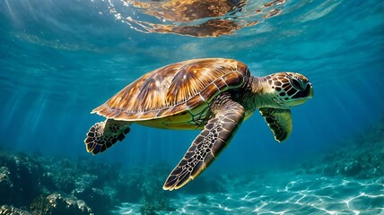 Obraz premium A Green Sea Turtle Swimming Through Clear Blue Ocean Water