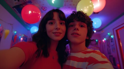 Young Friends Taking a Fun Selfie with Colorful Balloons in a Vibrant Room Filled with Party Lights and Decorations