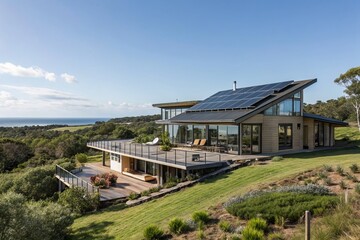 Obraz premium Modern Sustainable Home with Solar Panels and Large Windows Showcasing Eco-Friendly Design and Spacious Deck in a Serene Natural Landscape