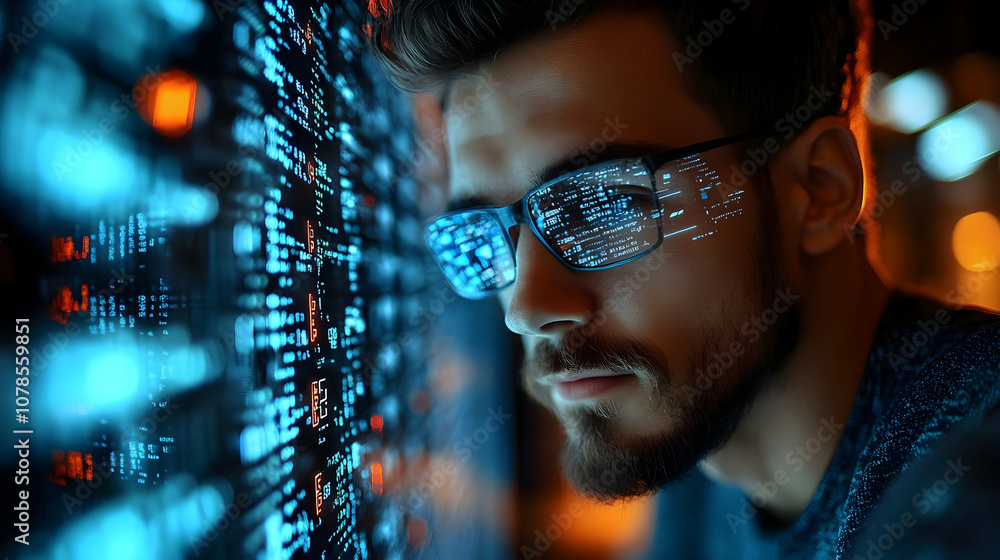 Poster man wearing glasses with code reflections - realistic image